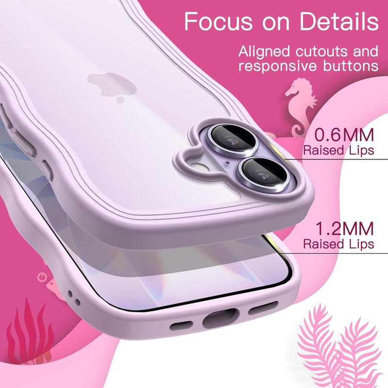 Jetech Wavy Case For Iphone 17 6.3-Inch, Cute Wave Frame Curly Shape Shockproof Phone Cover For Women And Girls, Clear Hard Pc Back Purple - Image 5