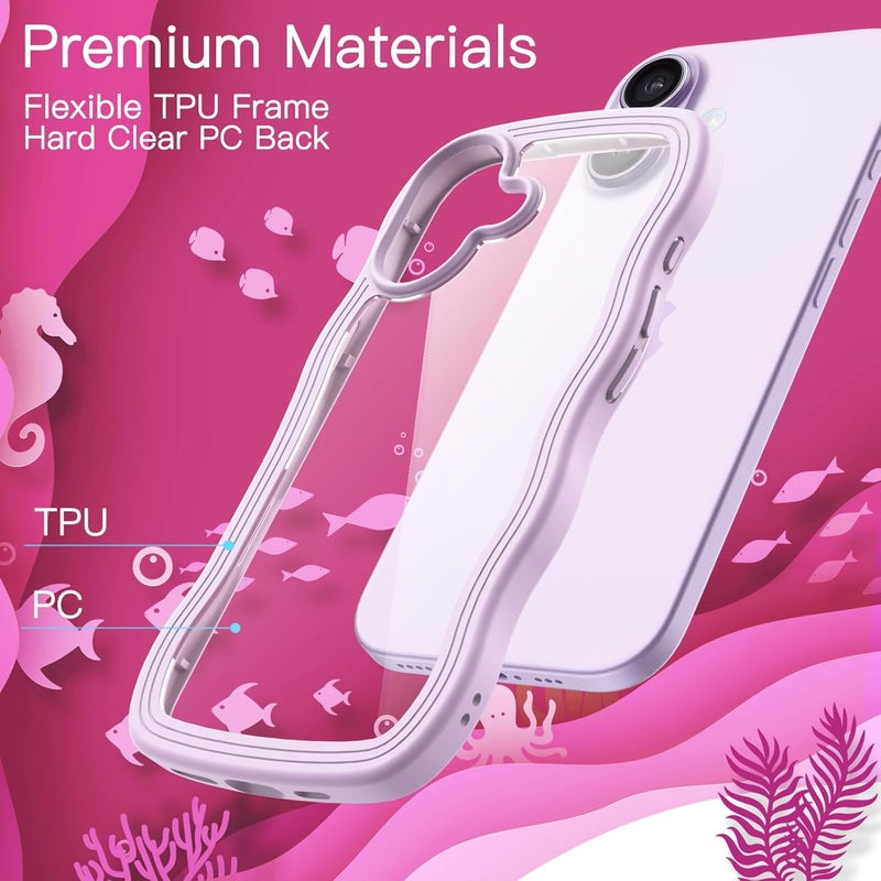 Jetech Wavy Case For Iphone 17 6.3-Inch, Cute Wave Frame Curly Shape Shockproof Phone Cover For Women And Girls, Clear Hard Pc Back Purple - Image 4