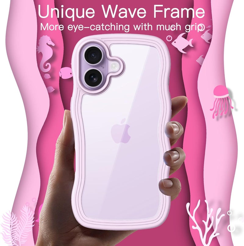 Jetech Wavy Case For Iphone 17 6.3-Inch, Cute Wave Frame Curly Shape Shockproof Phone Cover For Women And Girls, Clear Hard Pc Back Purple - Image 3