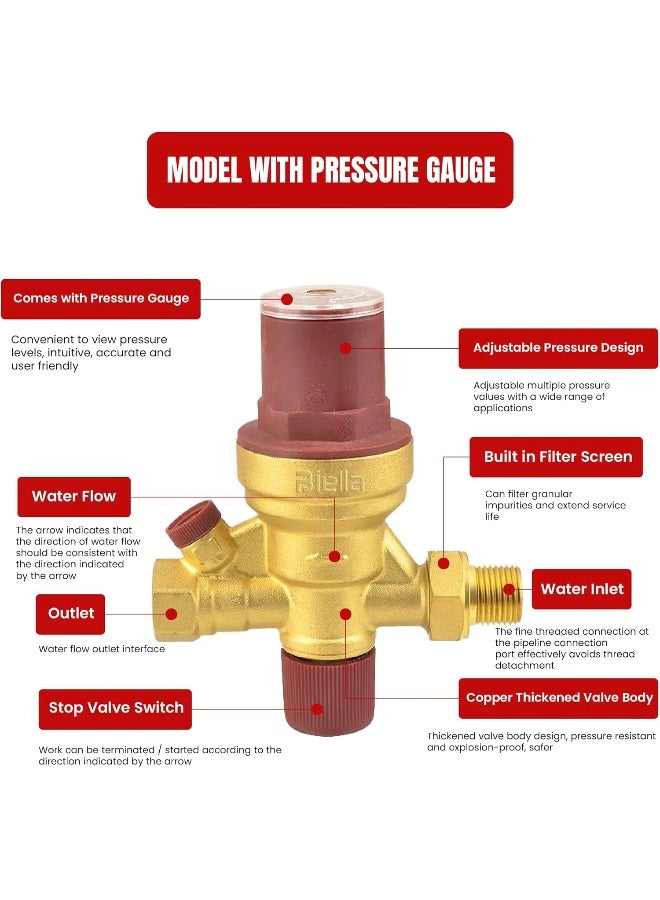 Biella Brass Automatic Water Heater Filling Valve With Built In Multifunctional All-In-On Prv Nrv Strainer And Shut-Off 1/2 Inlet And Outlet Boiler Inlet Valve For Solar Water Heater System - Image 2