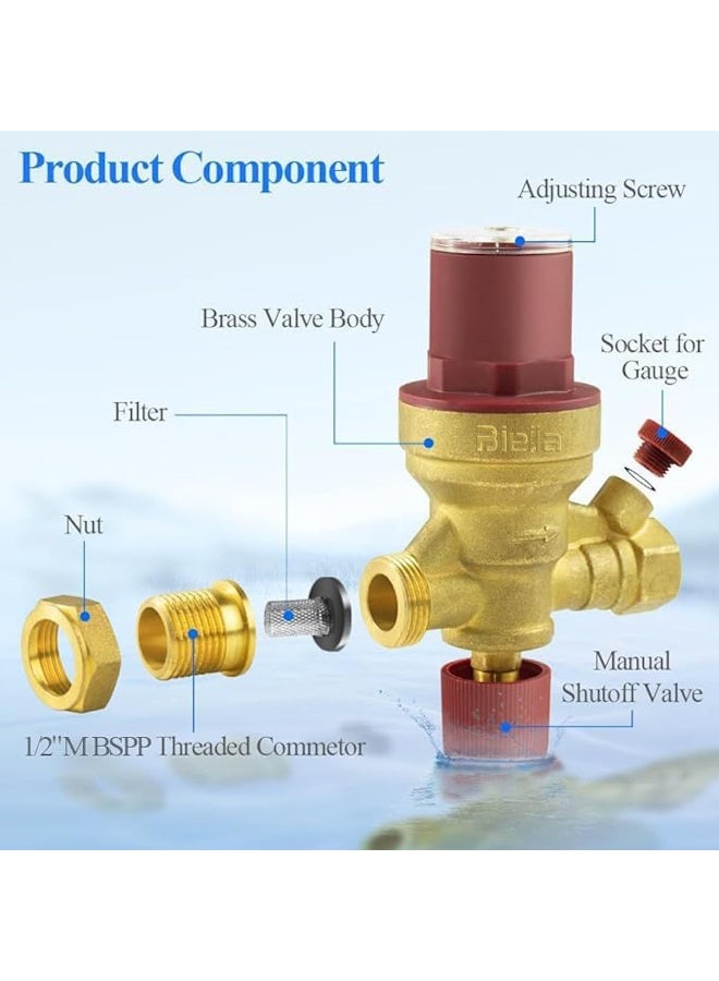 Biella Brass Automatic Water Heater Filling Valve With Built In Multifunctional All-In-On Prv Nrv Strainer And Shut-Off 1/2 Inlet And Outlet Boiler Inlet Valve For Solar Water Heater System - Image 3