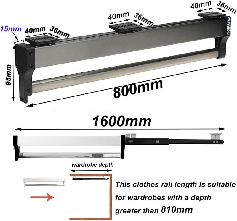 FKKPRVAX Closet Clothes Hanger Rail,Pull-out Closet Rod 30-60cm,Wardrobe Clothing Rail,Closet Organizer Rack for Pants and Coat (800mm/31.5inch) - Image 2