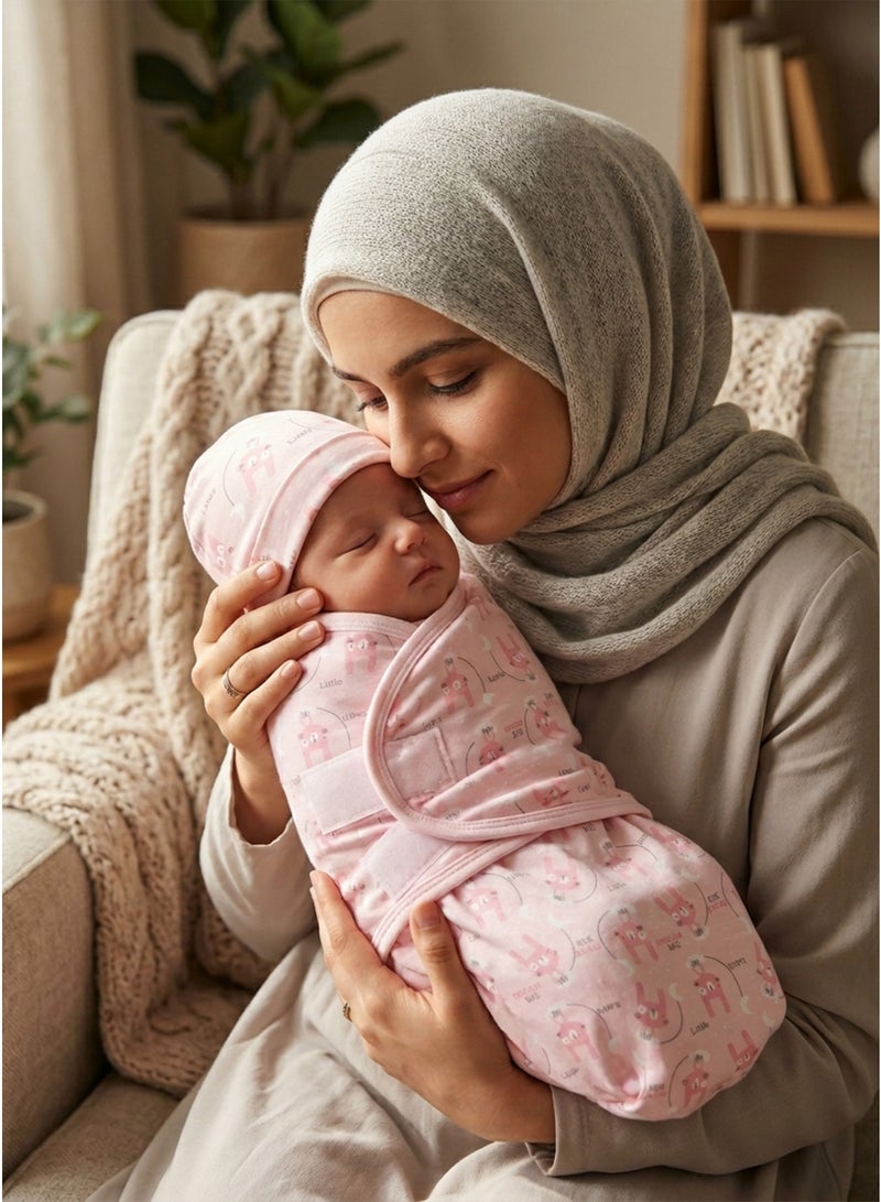 Newborn Baby Swaddle & Hat Set, Pink Long-Eared Rabbit Anti-Kick Sleeping Bag - Image 3