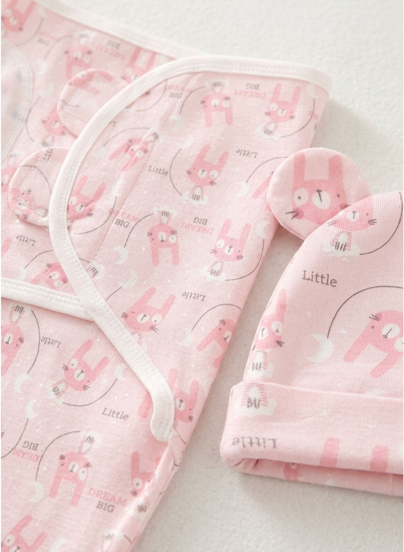 Newborn Baby Swaddle & Hat Set, Pink Long-Eared Rabbit Anti-Kick Sleeping Bag - Image 4