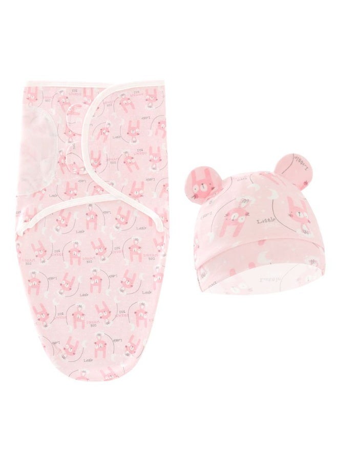 Newborn Baby Swaddle & Hat Set, Pink Long-Eared Rabbit Anti-Kick Sleeping Bag - Image 2