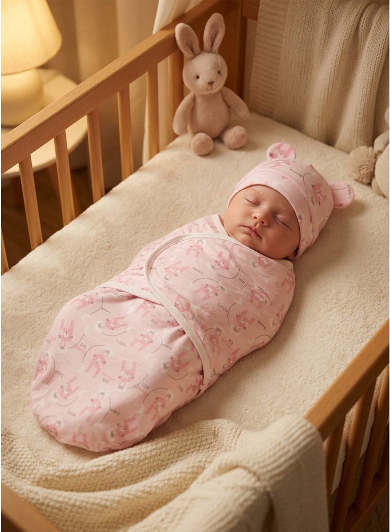 Newborn Baby Swaddle & Hat Set, Pink Long-Eared Rabbit Anti-Kick Sleeping Bag - Image 1