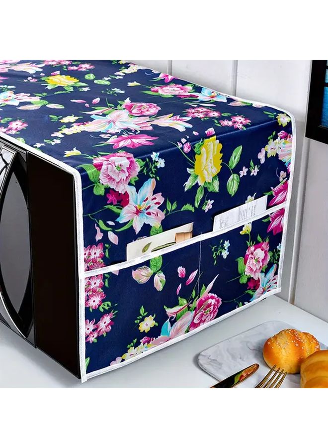 Blue Floral Print Microwave Cover with Double Side Pockets Kitchen Storage Organizer - Image 3