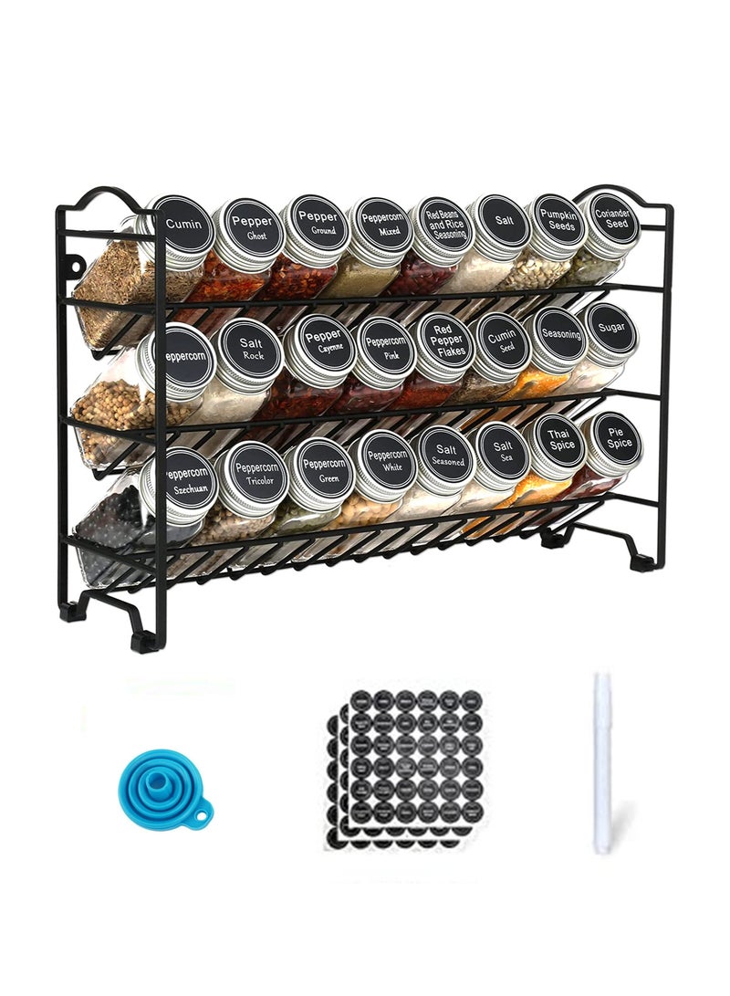 Teuuea 24 PCS Glass Spice Jars with Spice Rack, 3 Tier Seasoning Organizer with Labels Marker Funnel, for Kitchen Cabinet Cupboard, 24*120ML - Image 1
