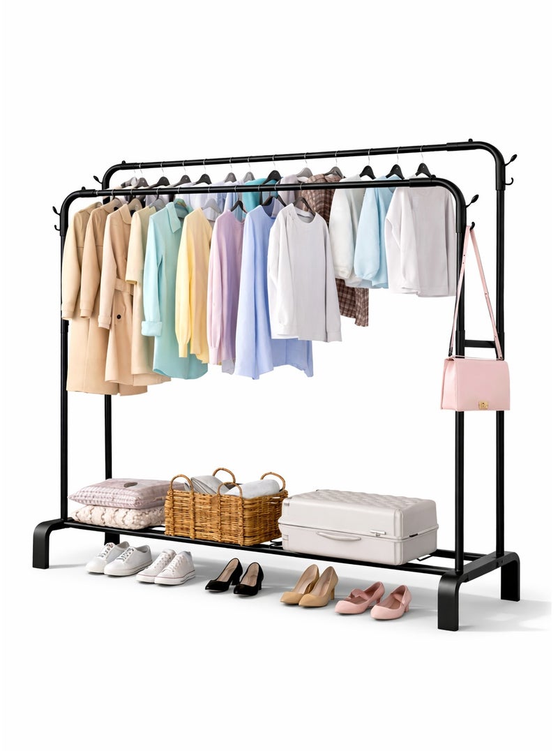 O2. Heavy Duty Metal Double Rail Clothes Rack Hanger Organizer and Black Clothes Stand with Bottom Storage Shelf - Portable Closet for Home or Shops - Strong Metal Frame, 96 × 46 × 145 cm - Image 1