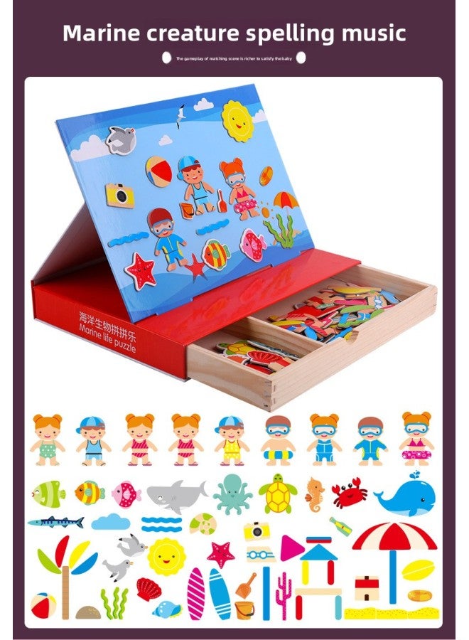 Children's Educational Magnetic Cartoon Princess Dress-up Animal Spelling Multi-function Double-sided Drawing Board Puzzle Girl Gift Box-Color:Drawer-marine Life Puzzle (drawer Box)  - Image 1