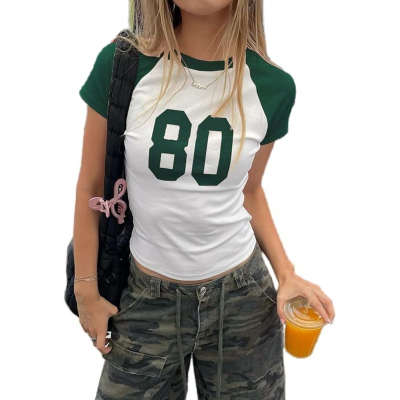 KOSUSANILL Baby Tee Women Y2k Short Sleeve Jersey Number Graphic Crop Top St Patricks Day Green Slim Fit Crewneck Teen Girl Vintage Going Out Shirt (Green 80, S) - Image 1