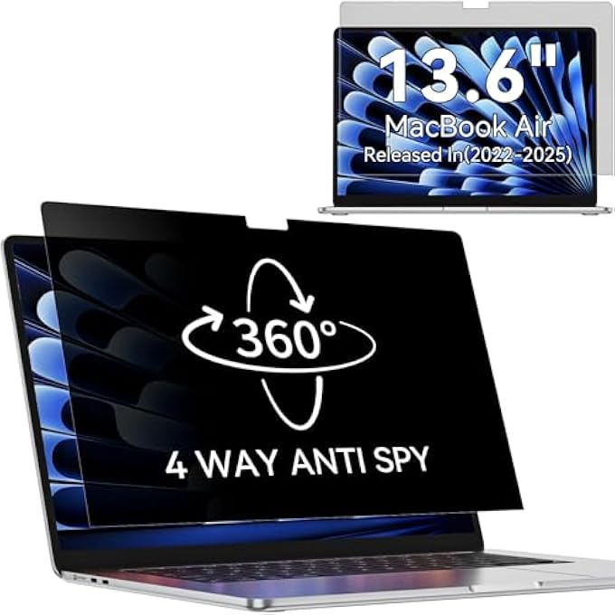rayihni 360Â° PRIVACY FILTER FOR MACBOOK AIR 13.6 INCHES M4 2025 / M3 2024 / M2 2022, ANTI-SPY FILTER SCREEN PROTECTION, LAPTOP PRIVACY SCREEN FOR MAC MODEL Â€“ A3240 A3113 A2681 - Image 1