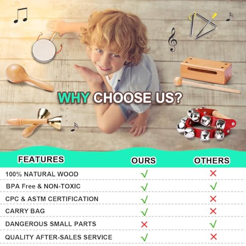 LOOIKOOS Toddler Musical Instruments Montessori Natural Wooden Percussion Instruments for Kids Preschool Educational Musical Toys Set for Boys and Girls with Storage Bag - Image 5