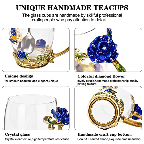 OEAGO Gifts for Mom Women Mothers Day Glass Coffee Enamels Mug Best Birthday Butterfly Rose Gifts for Her from Daughter Son Lead-Free Christmas Blue Tea Cup with Spoon Set - Image 5