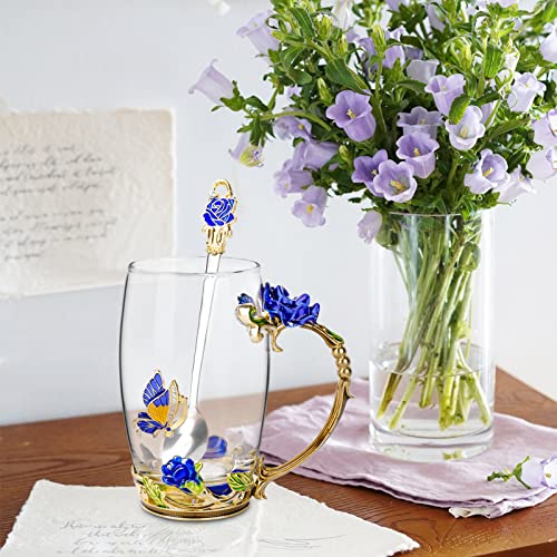 OEAGO Gifts for Mom Women Mothers Day Glass Coffee Enamels Mug Best Birthday Butterfly Rose Gifts for Her from Daughter Son Lead-Free Christmas Blue Tea Cup with Spoon Set - Image 4