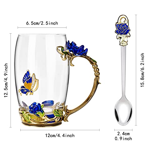 OEAGO Gifts for Mom Women Mothers Day Glass Coffee Enamels Mug Best Birthday Butterfly Rose Gifts for Her from Daughter Son Lead-Free Christmas Blue Tea Cup with Spoon Set - Image 2