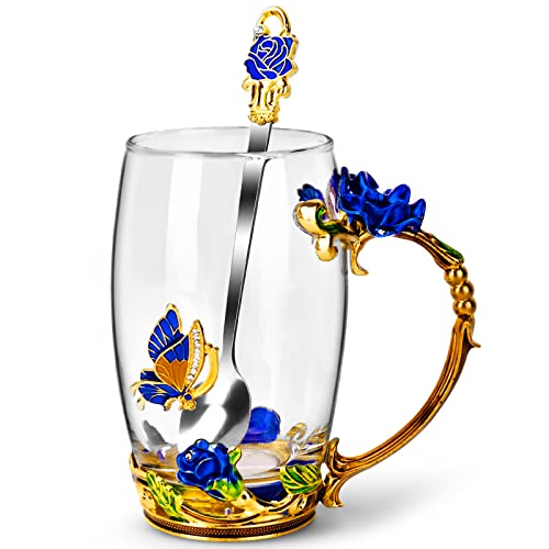 OEAGO Gifts for Mom Women Mothers Day Glass Coffee Enamels Mug Best Birthday Butterfly Rose Gifts for Her from Daughter Son Lead-Free Christmas Blue Tea Cup with Spoon Set - Image 1