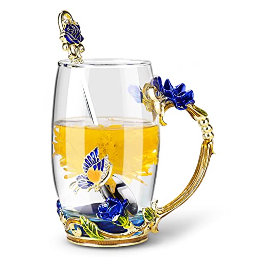 OEAGO Gifts for Mom Women Mothers Day Glass Coffee Enamels Mug Best Birthday Butterfly Rose Gifts for Her from Daughter Son Lead-Free Christmas Blue Tea Cup with Spoon Set - Image 3