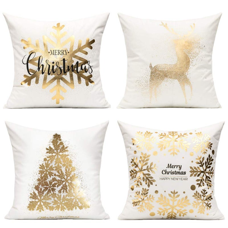 All Smiles White Gold Christmas Decorations Throw Pillow Covers 18X18 Set of 4 Winter Xmas Navidad Home Holiday DÃ©cor Velvet Cushion Cases for Sofa Tree Snowflake Reindeer - Image 1