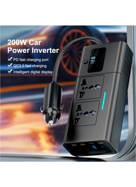 200W Car Power Inverter/Plug Adapter, DC 12 to 220V AC, 3 USB 1 Type-C Ports Charger Adapter Car Plug Converter with Switch and Current LED Screen