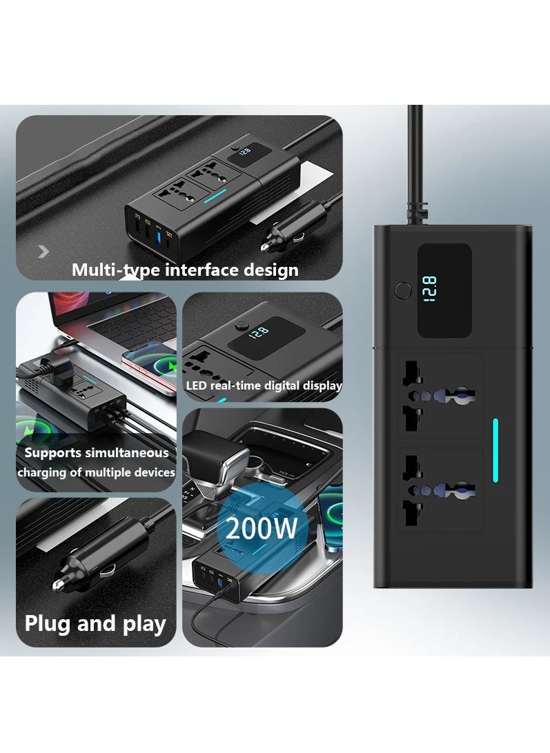 IISE - 200W Car Power Inverter/Plug Adapter, DC 12 to 220V AC, 3 USB 1 Type-C Ports Charger Adapter Car Plug Converter with Switch and Current LED Screen - Image 1