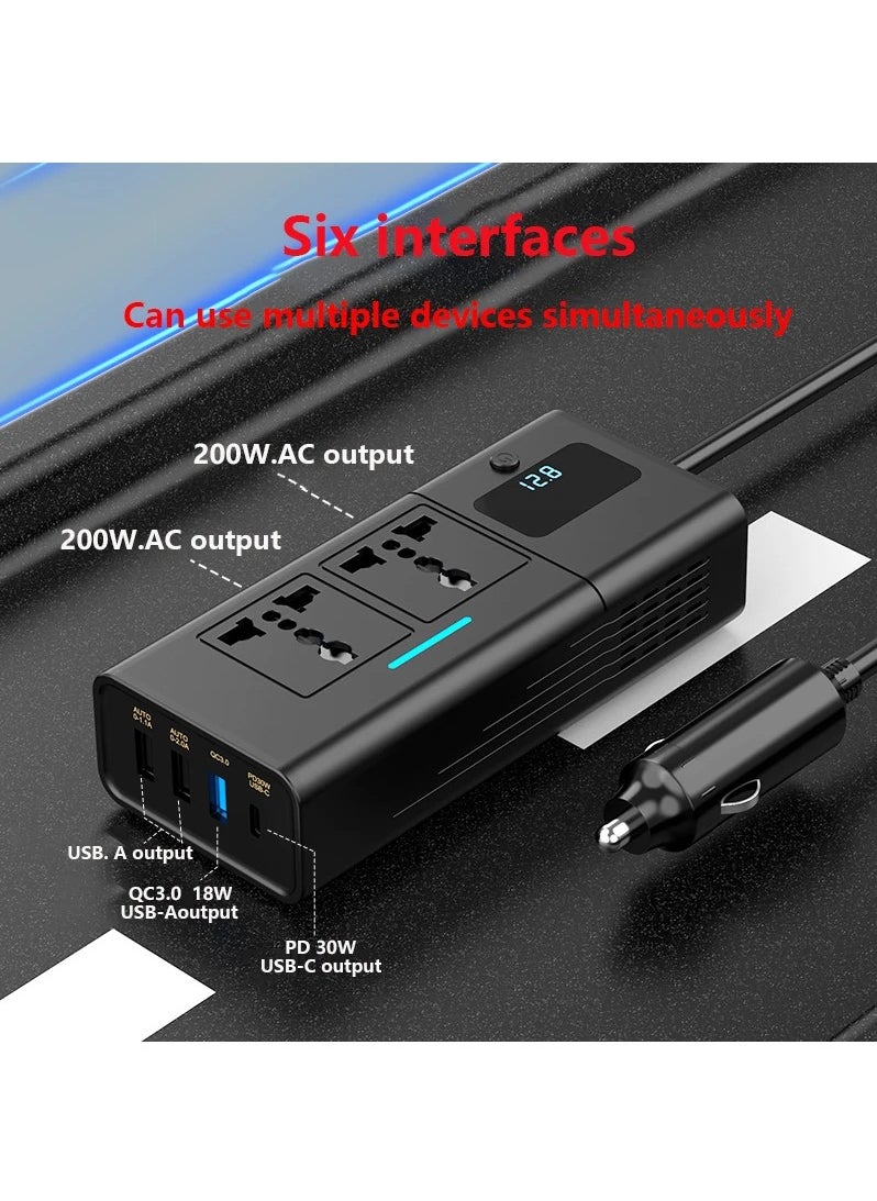 IISE - 200W Car Power Inverter/Plug Adapter, DC 12 to 220V AC, 3 USB 1 Type-C Ports Charger Adapter Car Plug Converter with Switch and Current LED Screen - Image 1
