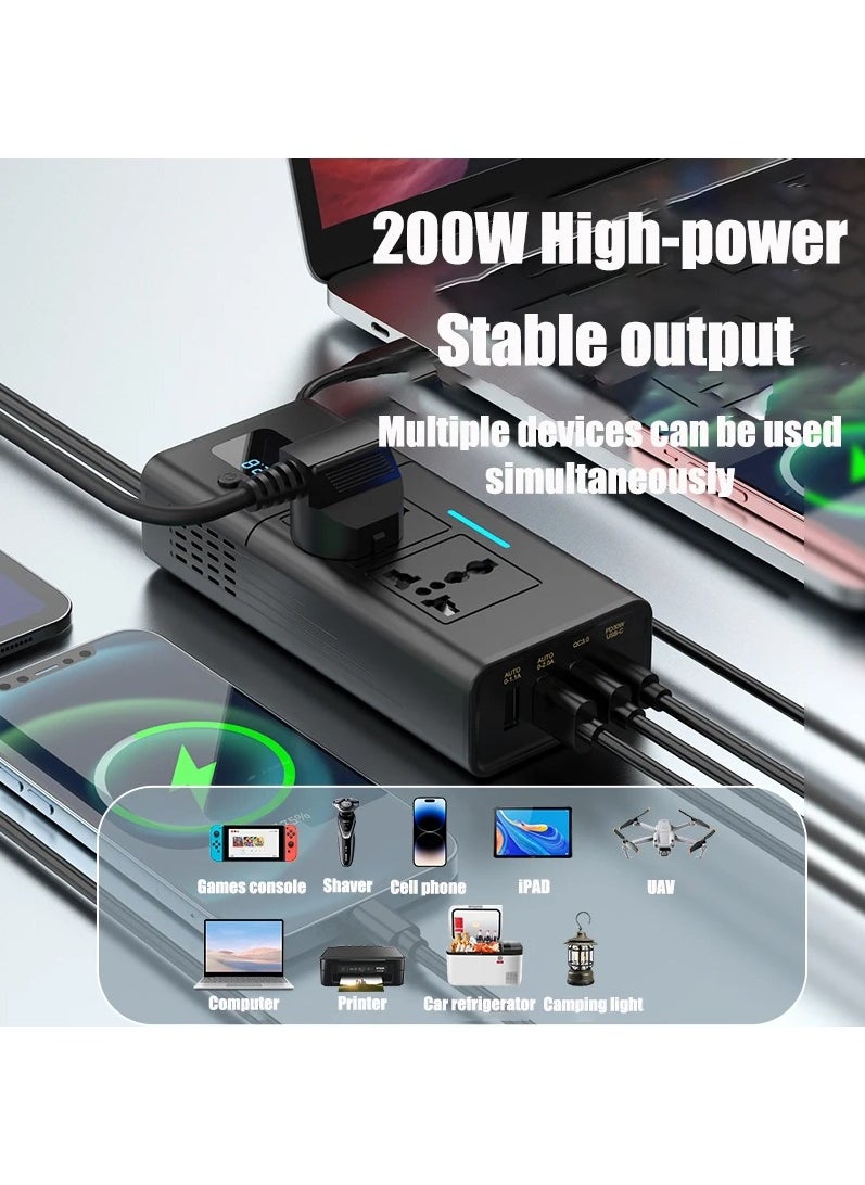 IISE - 200W Car Power Inverter/Plug Adapter, DC 12 to 220V AC, 3 USB 1 Type-C Ports Charger Adapter Car Plug Converter with Switch and Current LED Screen - Image 1