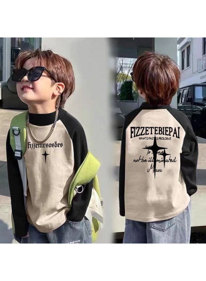 Children's Half Turtleneck Velvet Bottoming Shirt Autumn And Winter New Boys' Raglan Contrasting Color Long-sleeved T-shirt Medium And Large Kidsren's Tops