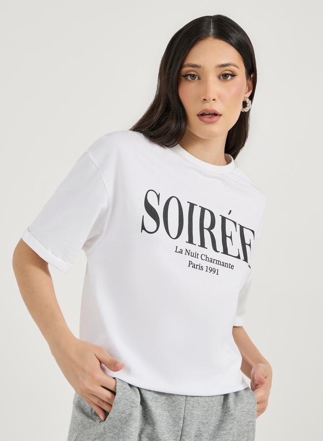 Styli Oversized Slogan Print Round Neck T-Shirt  - Image 1