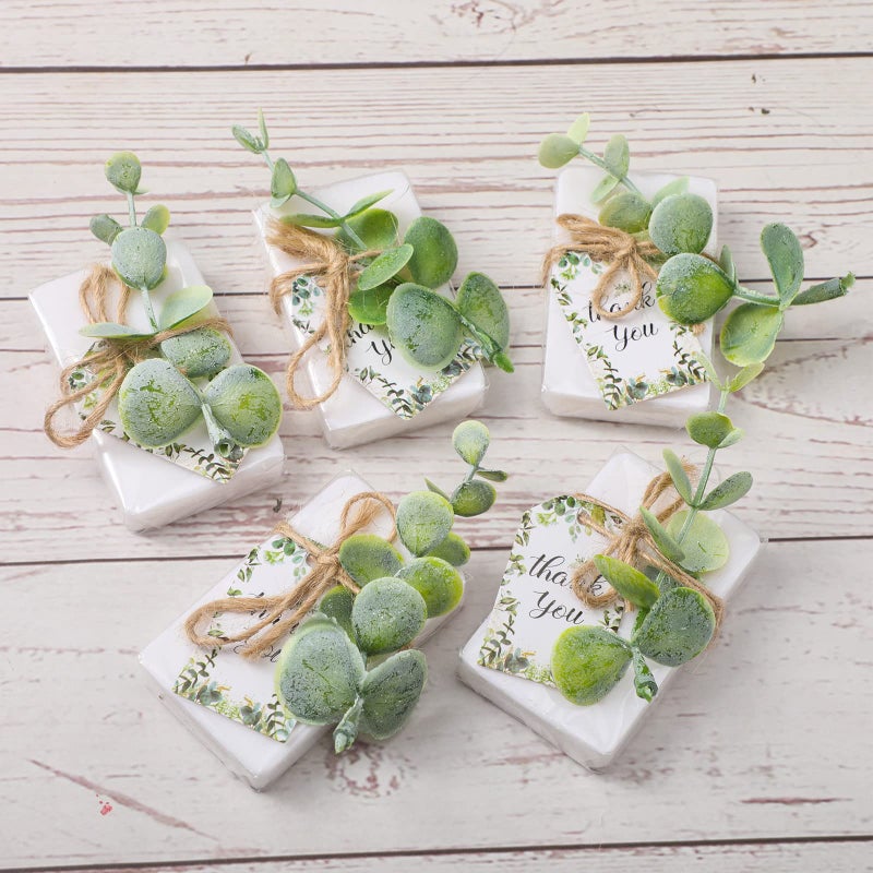 Demissle 100 Sets Mini Eucalyptus Soaps Baby Shower Wedding Favors for Guests Bulk Small Hand Soaps with Thank You Tags Organza Bag Mini Faux Greenery Guests Bridal Shower Birthday Party Present - Image 3