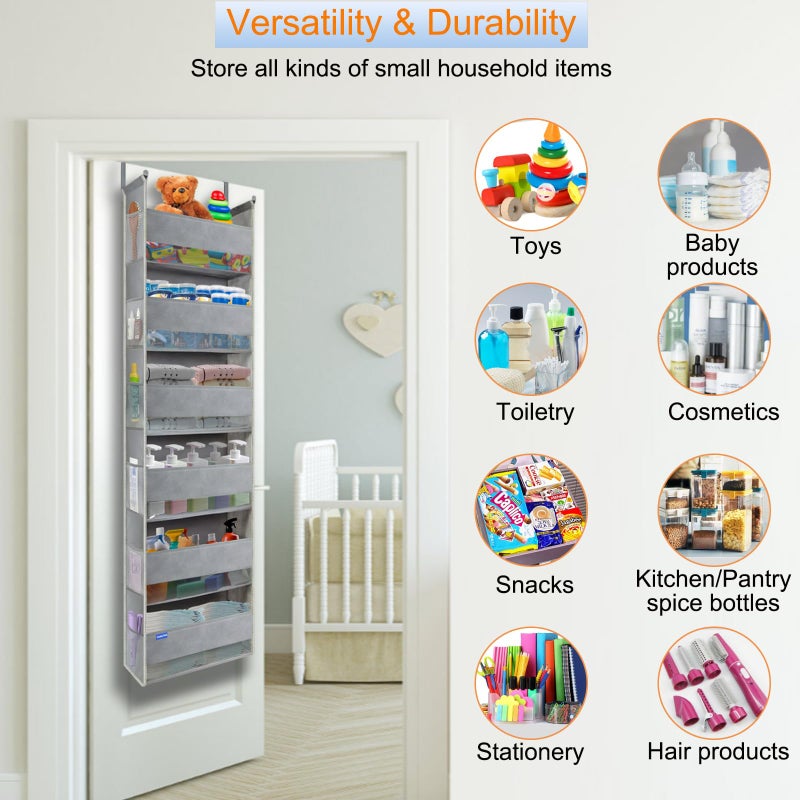 roomtalk Extra Large Over The Door Organizer Storage 6-Shelves and 12 Side Pockets, Heavy Duty Hanging Door Organizer for Closet Bathroom Bedroom Nursery Pantry, Grey - Image 3