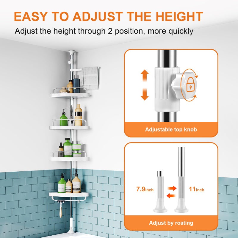 HAMITOR Corner Shower Caddy Tension Pole: Rust Proof 4Tier Shampoo Storage Organizer for Inside Shower - Telescoping Rod Shower Rack for Bathroom and Bathtub - Restroom Floor Standing Bath Rack Holder - Image 3