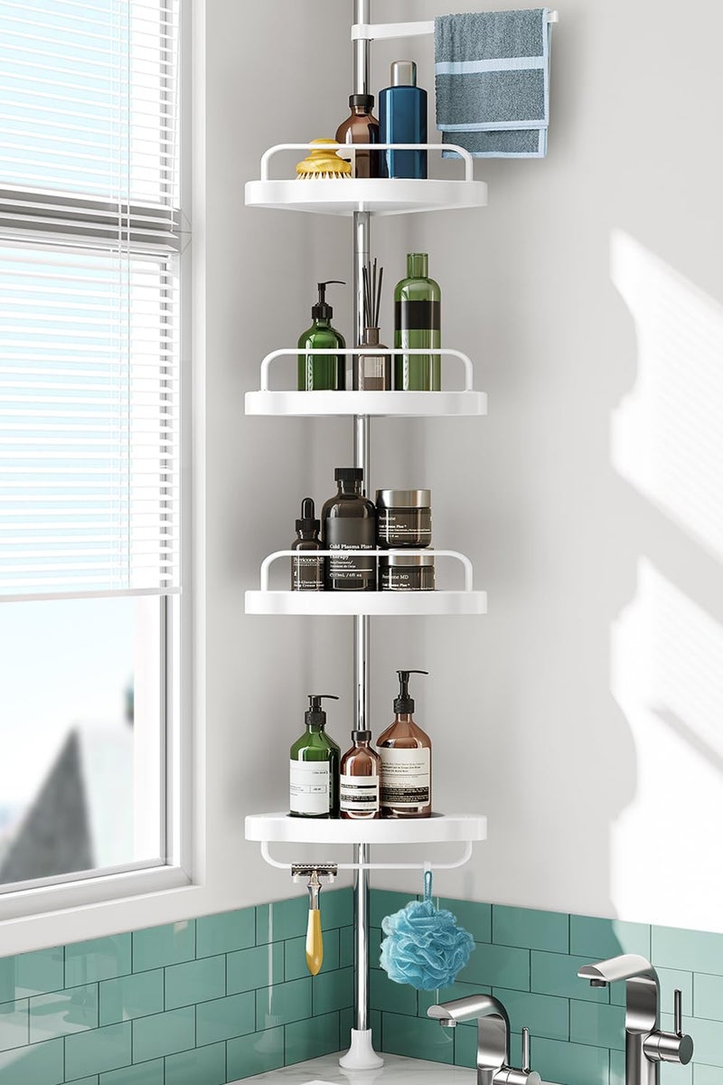HAMITOR Corner Shower Caddy Tension Pole: Rust Proof 4Tier Shampoo Storage Organizer for Inside Shower - Telescoping Rod Shower Rack for Bathroom and Bathtub - Restroom Floor Standing Bath Rack Holder - Image 1