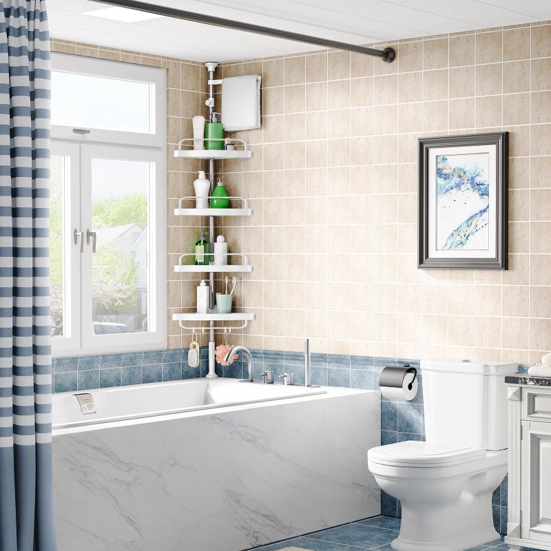 HAMITOR Corner Shower Caddy Tension Pole: Rust Proof 4Tier Shampoo Storage Organizer for Inside Shower - Telescoping Rod Shower Rack for Bathroom and Bathtub - Restroom Floor Standing Bath Rack Holder - Image 2
