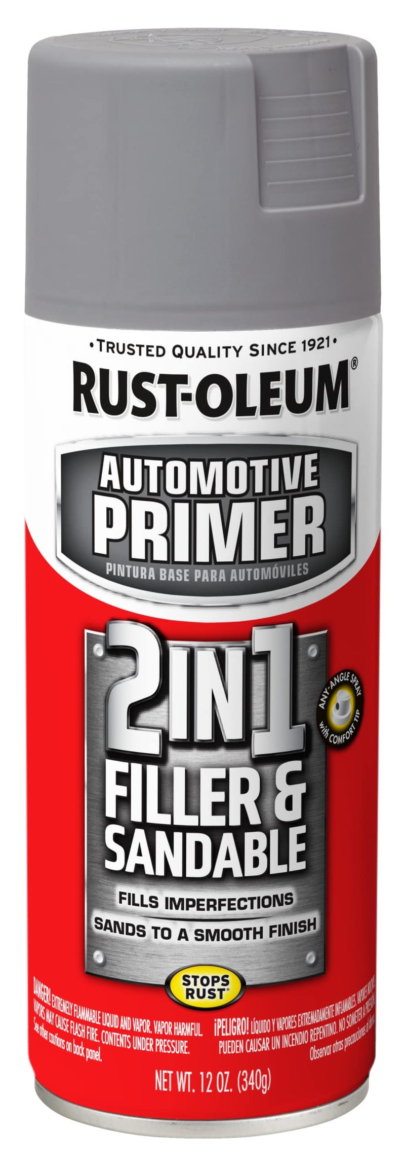 RUST-OLEUM راست-أوليوم 260510 يوقف الصدأ طلاء السيارات 2 في 1 مع حشو ورذاذ أساس قابل للرمل، 12 أونصة، رمادي - Image 1