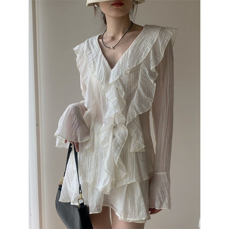 French Sweet and Spicy suit Summer New Design Sense Ruffled Chic Shirt Top Skirt Two-piece dress Skirt/single piece [quality]