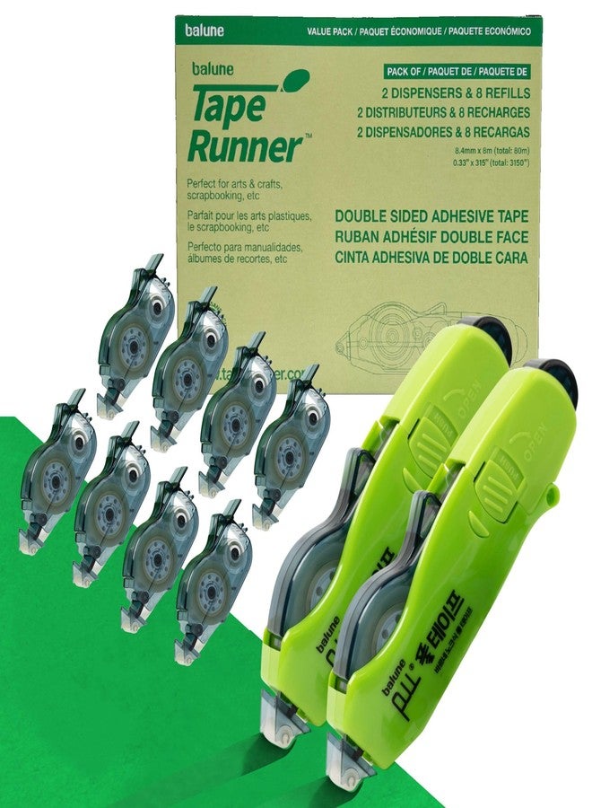 TAPE RUNNER Double Sided with Retractable Dispenser Roller - Permanent, Acid Free, Transparent - 2 & 8 Refill Cartridges - Ideal Scrapbook Supplies & Scrapbooking Supplies Kit - 315 Inches Each - Image 1