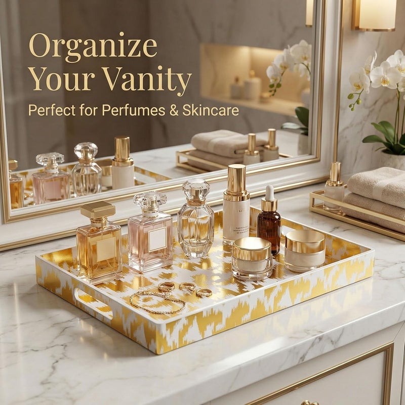 Simmer Stone Decorative Serving Tray with Handles - 16" x 12" Large Rectangle Coffee Table Decor - Modern Gold Aesthetic Vanity Tray for Ottoman, Bedroom & Bathroom - Image 4