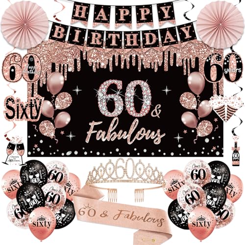 Uiorgui 60th Birthday Decorations for Women 33pcs Black Rose Gold Happy 60th Birthday Banner Crown and Sash Balloons Backdrop Hanging Swirls Paper Fans 60 Years Old Party Supplies Kit - Image 1
