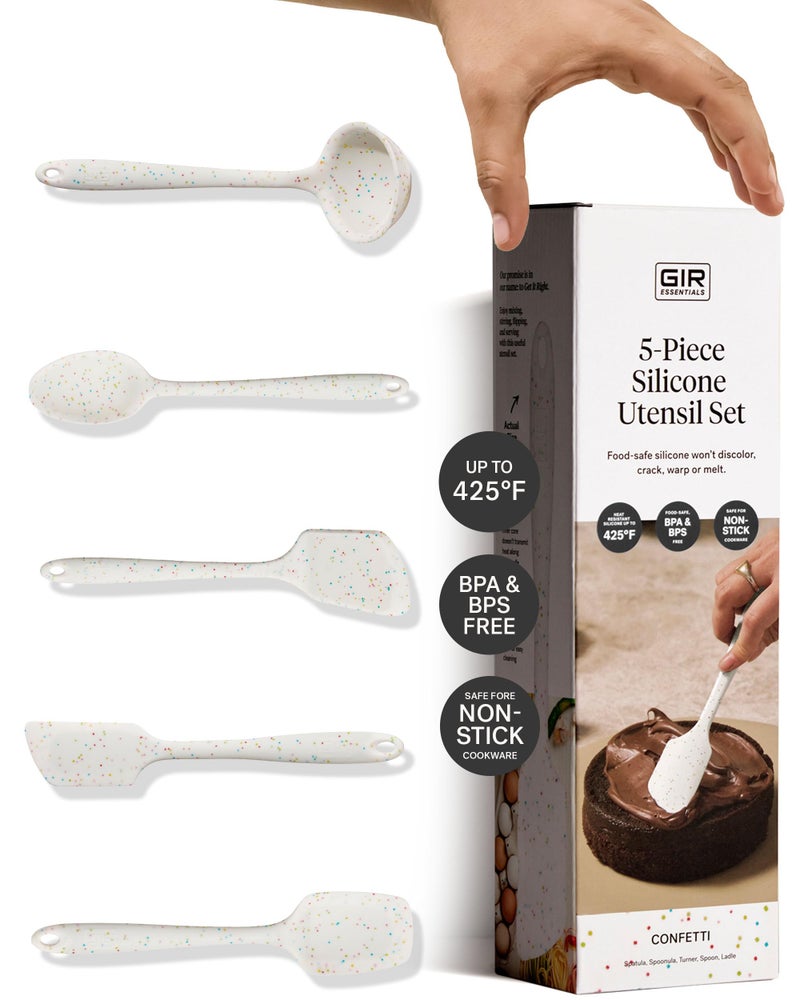 GIR: Get It Right 5-Piece Silicone Essentials Kitchen Utensils Set - Ladle, Spatula, Flip, Spoon & Spoonula - Non-Toxic Cooking Utensils for Nonstick Cookware, Cooking and Baking - Party Confetti - Image 1