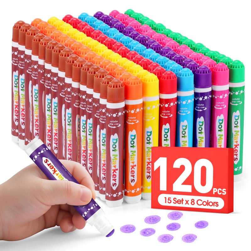 FUMILE 120 Pcs Dot Markers Bulk, 8 Colors Bingo Daubers Bulk for Toddlers,Washable Bingo Markers,Bingo Supplies,Dot Paint for Painting Supplies Drawing Coloring and Art Crafts(15 Boxs) - Image 1