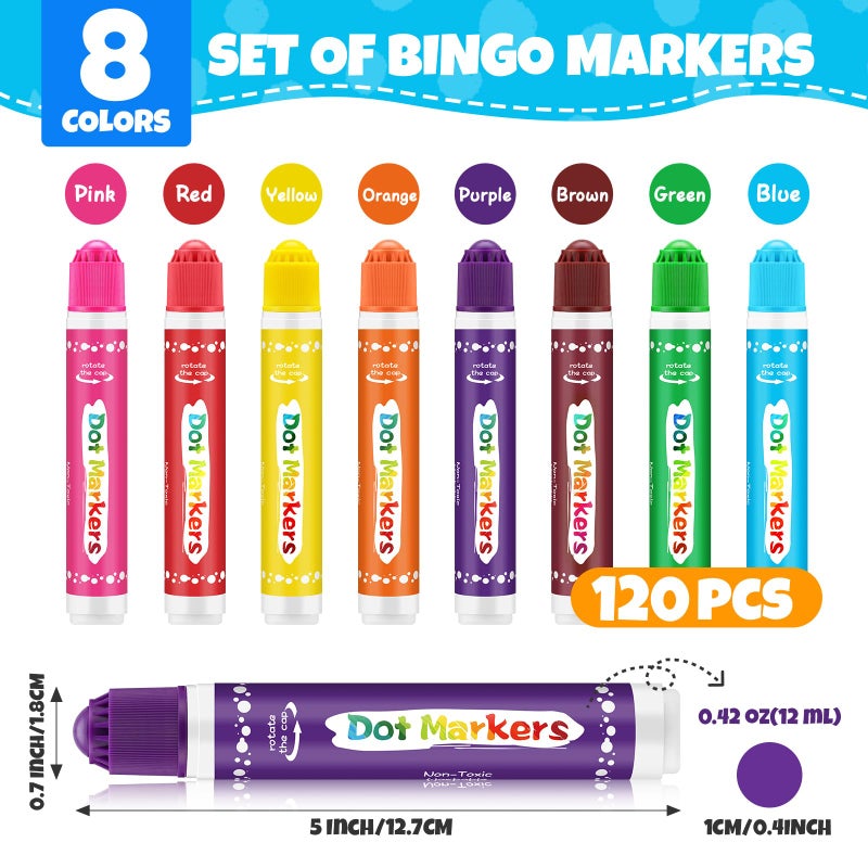 FUMILE 120 Pcs Dot Markers Bulk, 8 Colors Bingo Daubers Bulk for Toddlers,Washable Bingo Markers,Bingo Supplies,Dot Paint for Painting Supplies Drawing Coloring and Art Crafts(15 Boxs) - Image 2
