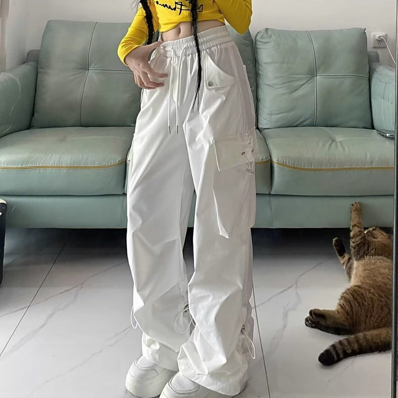 Women'S Versatile Slimming High-Waisted Casual Sweet Cool Style Casual Pants With Cuffed Cargo Pants American Style Spicy Girl Front Patch Pocket Wide-Leg Pants - Image 4