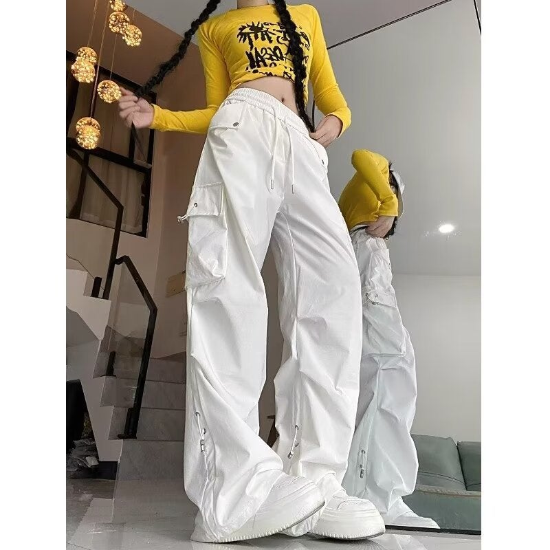 Women'S Versatile Slimming High-Waisted Casual Sweet Cool Style Casual Pants With Cuffed Cargo Pants American Style Spicy Girl Front Patch Pocket Wide-Leg Pants - Image 1