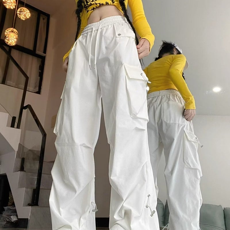 Women'S Versatile Slimming High-Waisted Casual Sweet Cool Style Casual Pants With Cuffed Cargo Pants American Style Spicy Girl Front Patch Pocket Wide-Leg Pants - Image 2