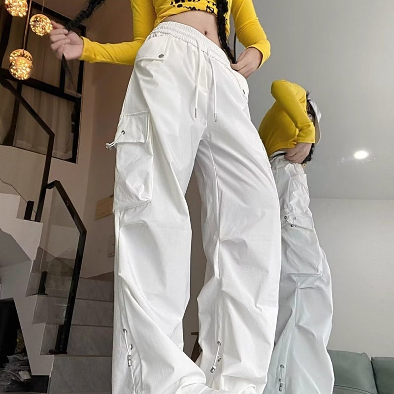 Women'S Versatile Slimming High-Waisted Casual Sweet Cool Style Casual Pants With Cuffed Cargo Pants American Style Spicy Girl Front Patch Pocket Wide-Leg Pants - Image 5