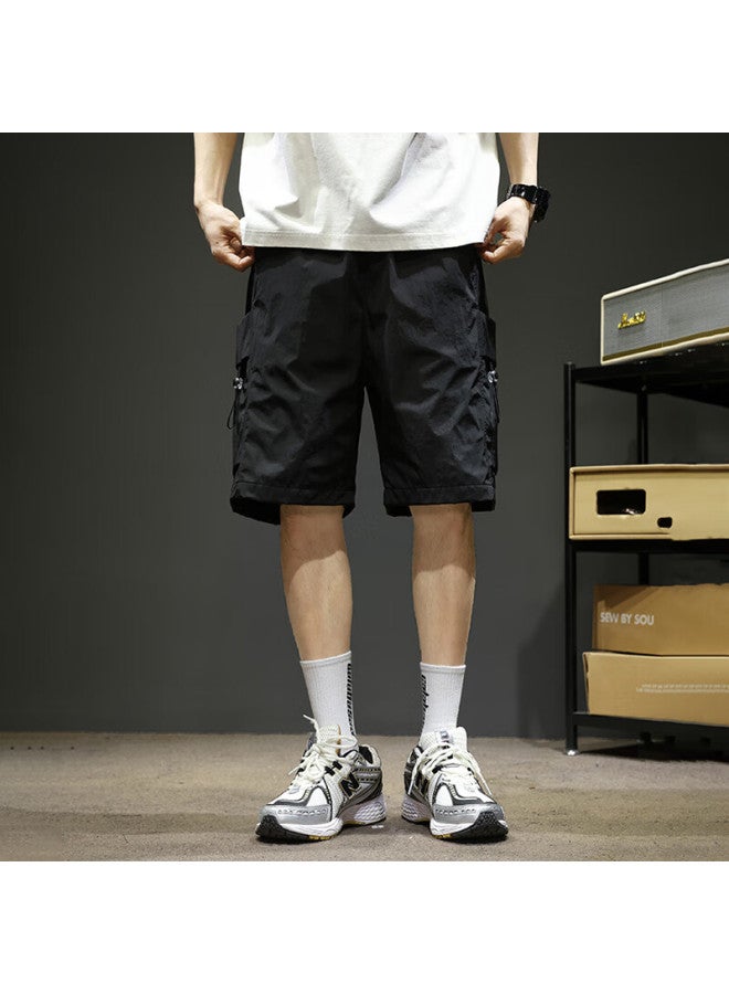 Vancamel Men's Summer Ice Silk Breathable Work Shorts Casual Loose Fit Multi-pocket Shorts Black 3XL - Image 1