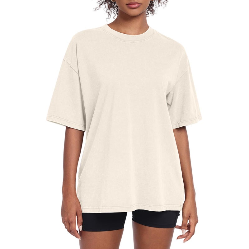 SnowElve Womens Washed Vintage Oversized T-Shirt Baggy Workout Tops Short Sleeve Cotton Tshirts Streetwear Boyfriend Tee(W-Beige,m) - Image 1