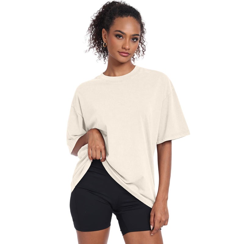 SnowElve Womens Washed Vintage Oversized T-Shirt Baggy Workout Tops Short Sleeve Cotton Tshirts Streetwear Boyfriend Tee(W-Beige,m) - Image 4