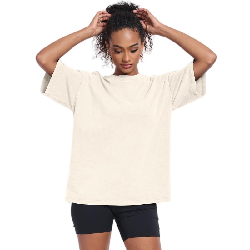 SnowElve Womens Washed Vintage Oversized T-Shirt Baggy Workout Tops Short Sleeve Cotton Tshirts Streetwear Boyfriend Tee(W-Beige,m) - Image 5